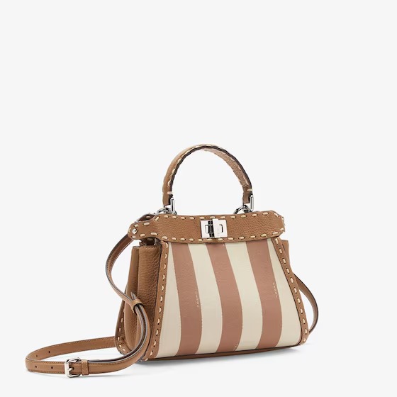 Fendi Peekaboo Mini Selleria and beige Pequin stripe fabric bag with 336 hand-sewn topstitches