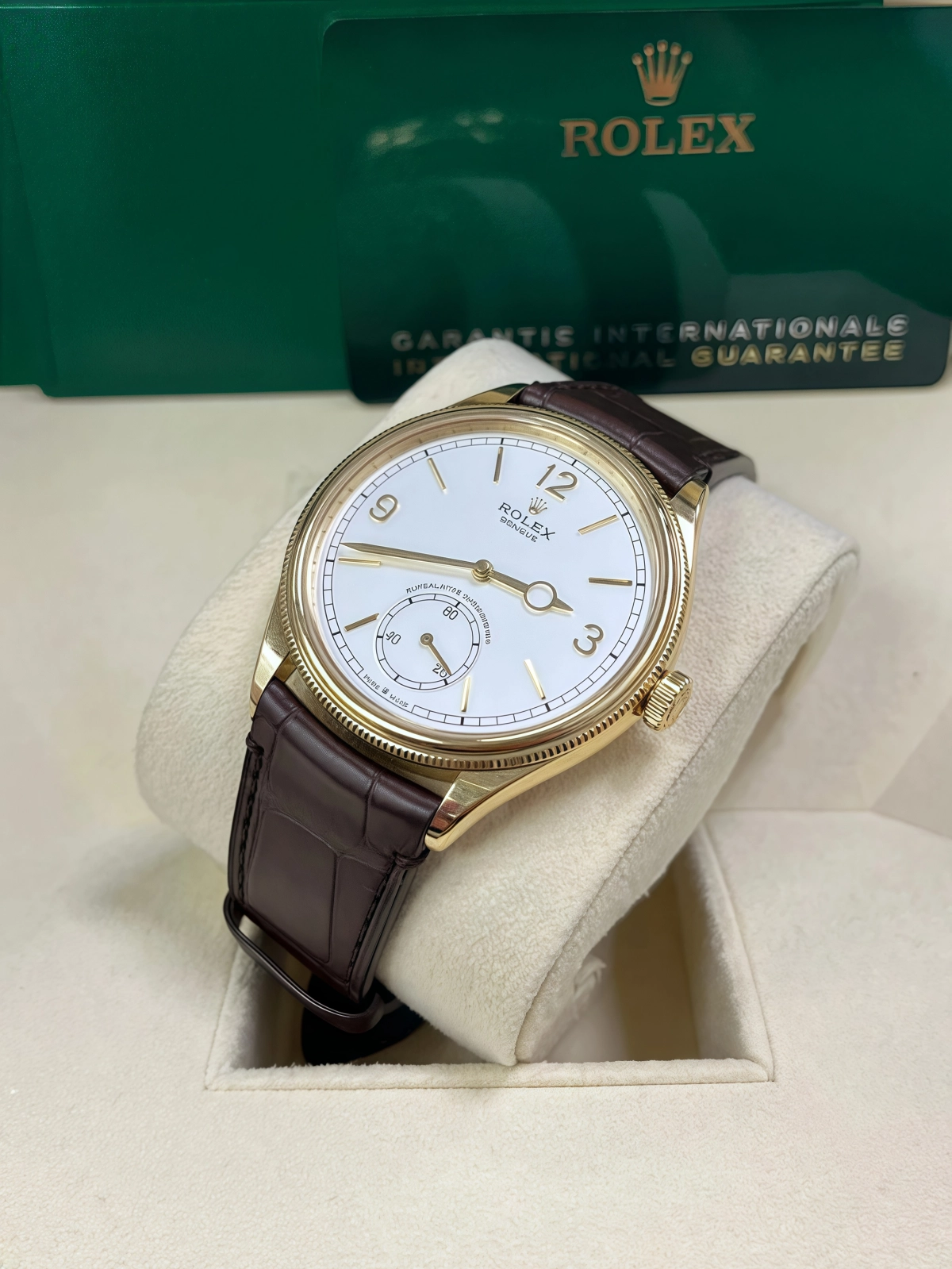 【Super Clone】ROLEX 1908 Yellow Gold White Dial Brown Alligator Strap - 52508-0006