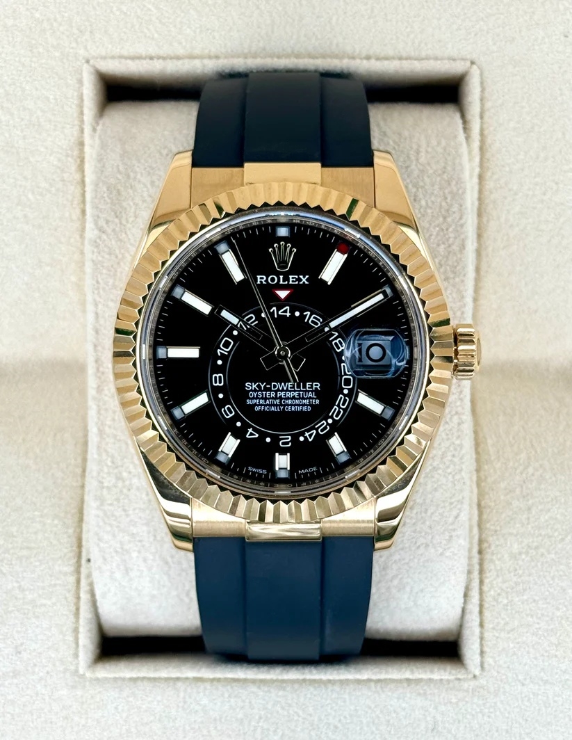 【Super Clone】ROLEX Sky-Dweller 42mm Yellow Gold Black Dial Oysterflex - 336238