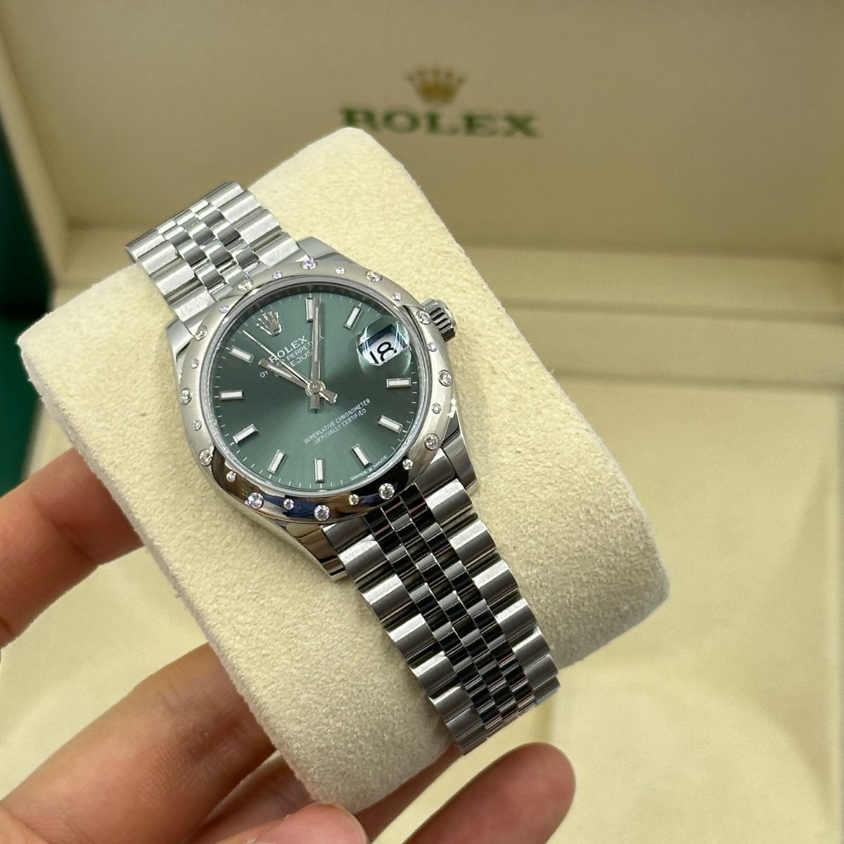 【Super Clone】ROLEX Datejust m278344-0019/0020 Mint Green Dial 31mm Domed Diamond Oyster Watch