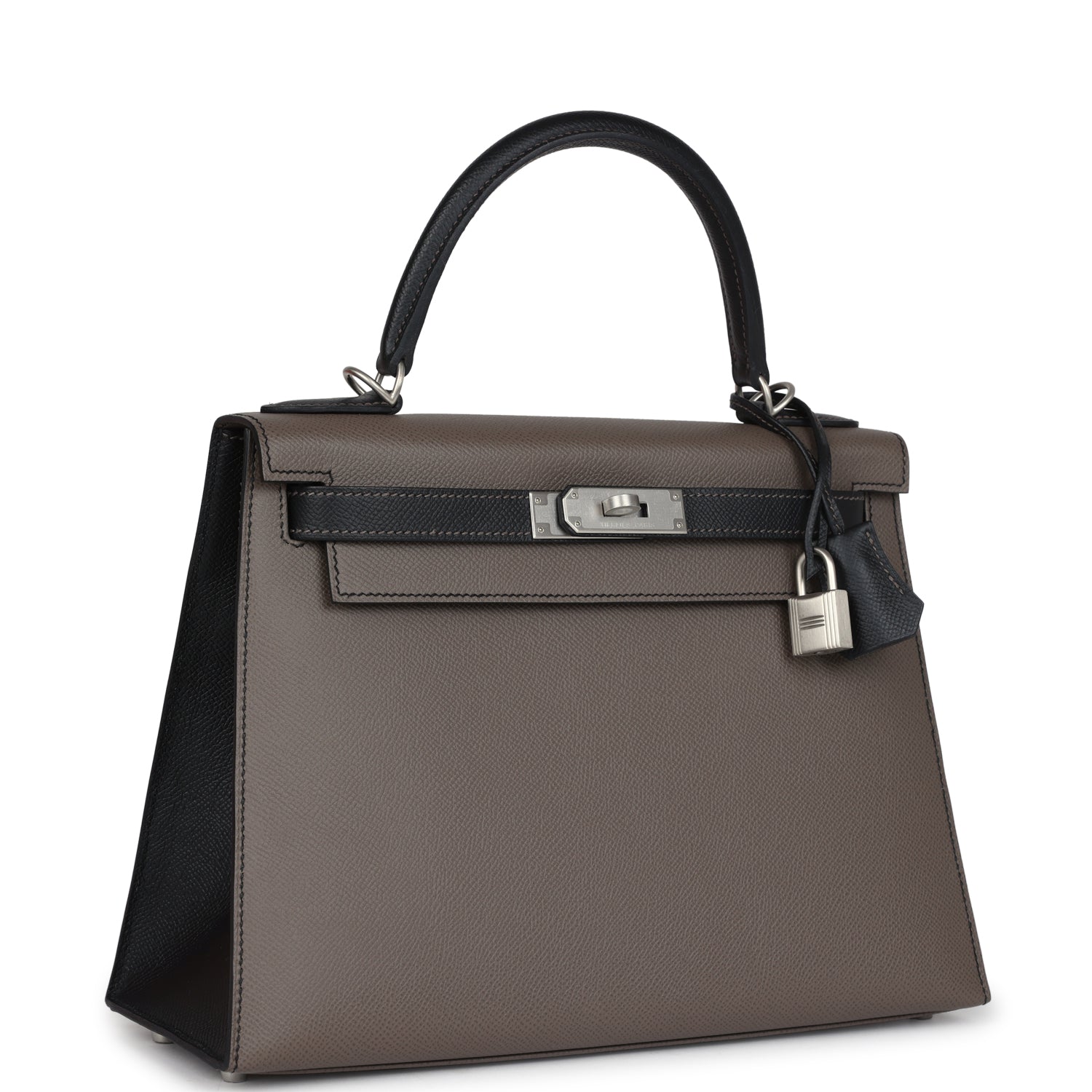 Hermès Special Order (HSS) Kelly Sellier 28 Etain and Black Epsom Brushed Palladium Hardware