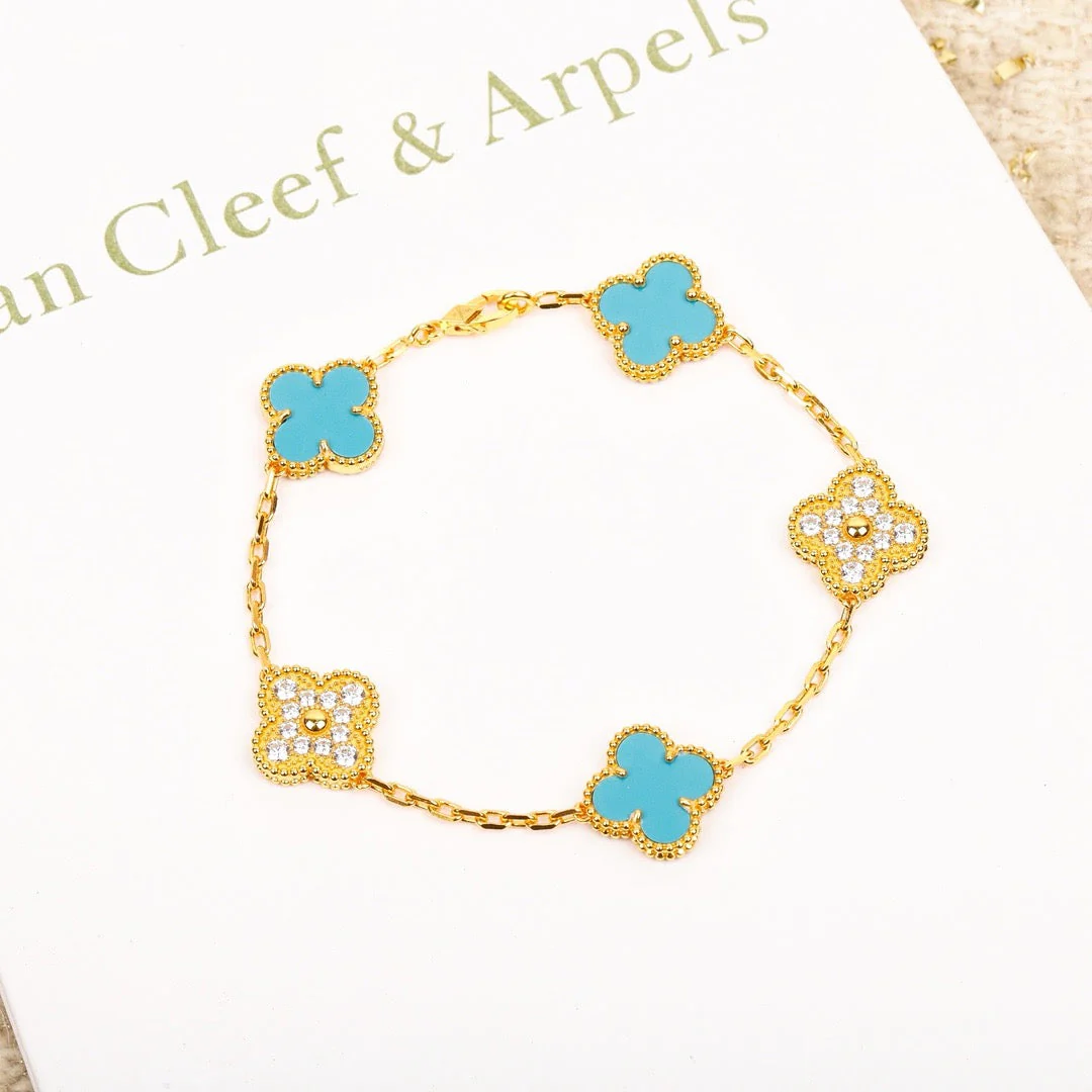 Regalia jewelryCLOVER 5 MOTIF TURQUOISE DIAMOND GOLD BRACELET