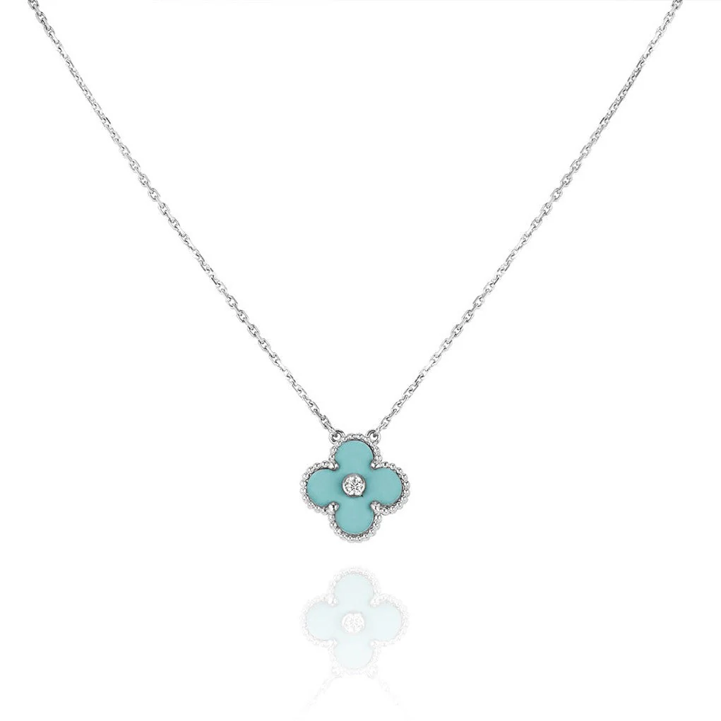 Regalia jewelryCLOVER 1 DIAMOND LIGHT BLUE SILVER NECKLACE