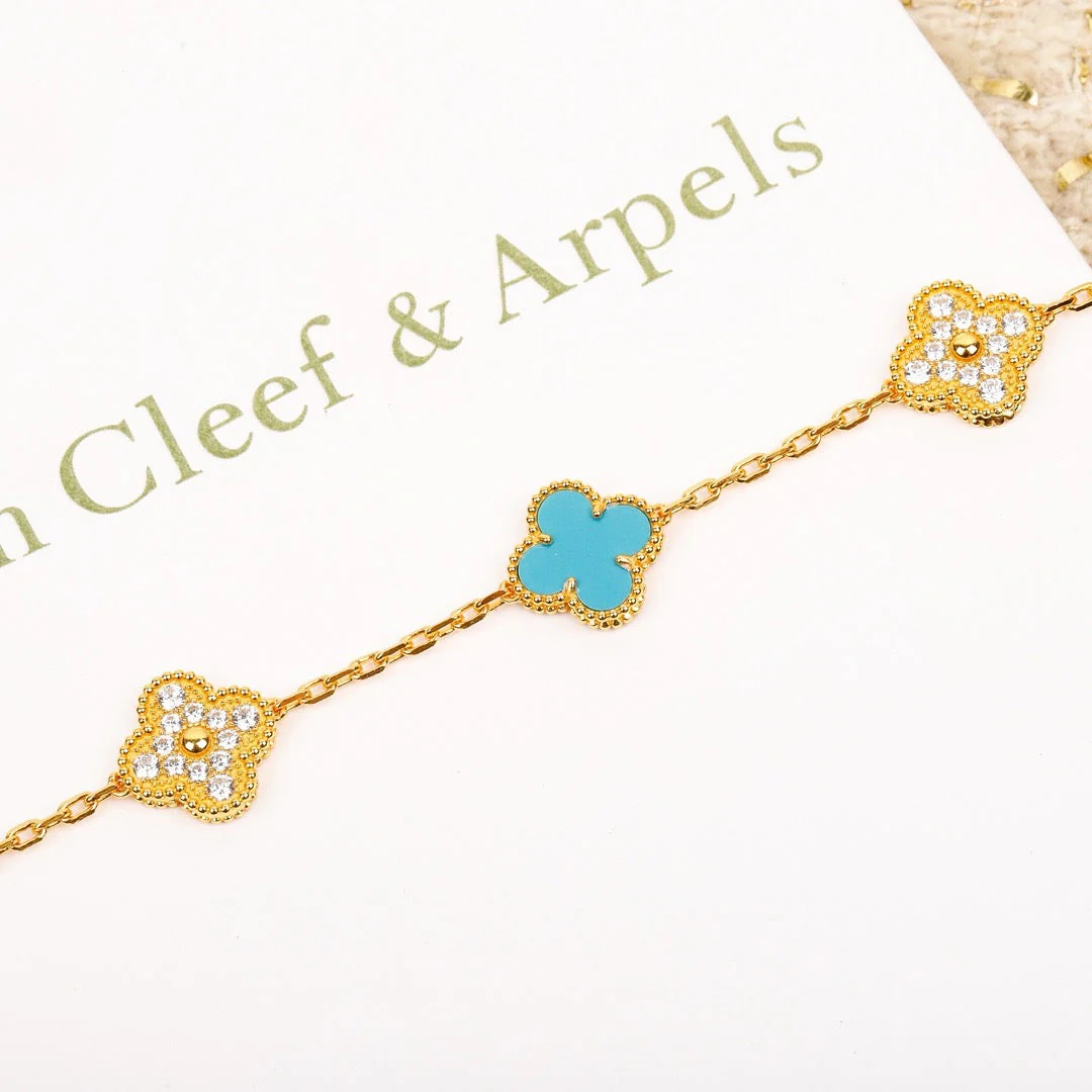 Regalia jewelryCLOVER 5 MOTIF TURQUOISE DIAMOND GOLD BRACELET