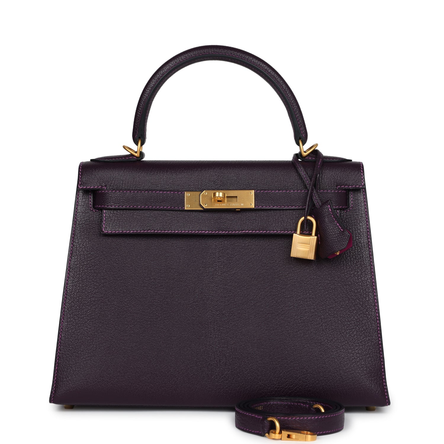 Hermès Special Order (HSS) Kelly Sellier 28 Raisin Verso Chevre Brushed Gold Hardware