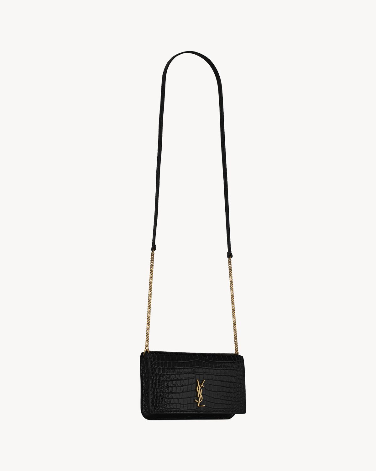 YSL Cassandre Phone Holder in Shiny Crocodile-Embossed Leather