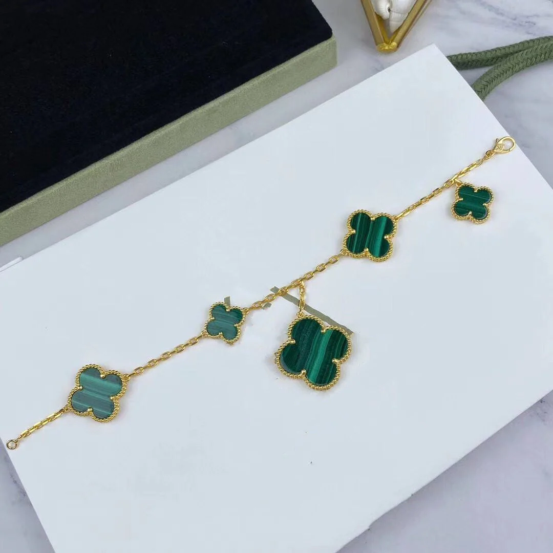 Regalia jewelryMAGIC CLOVER MALACHITE GOLD BRACELET 5 MOTIFS