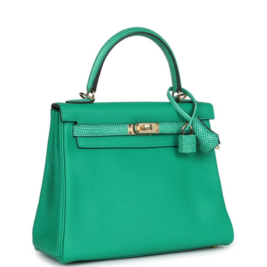 Hermes Kelly Retourne 25 Menthe Togo and Varanus Niloticus Lizard Touch Permabrass