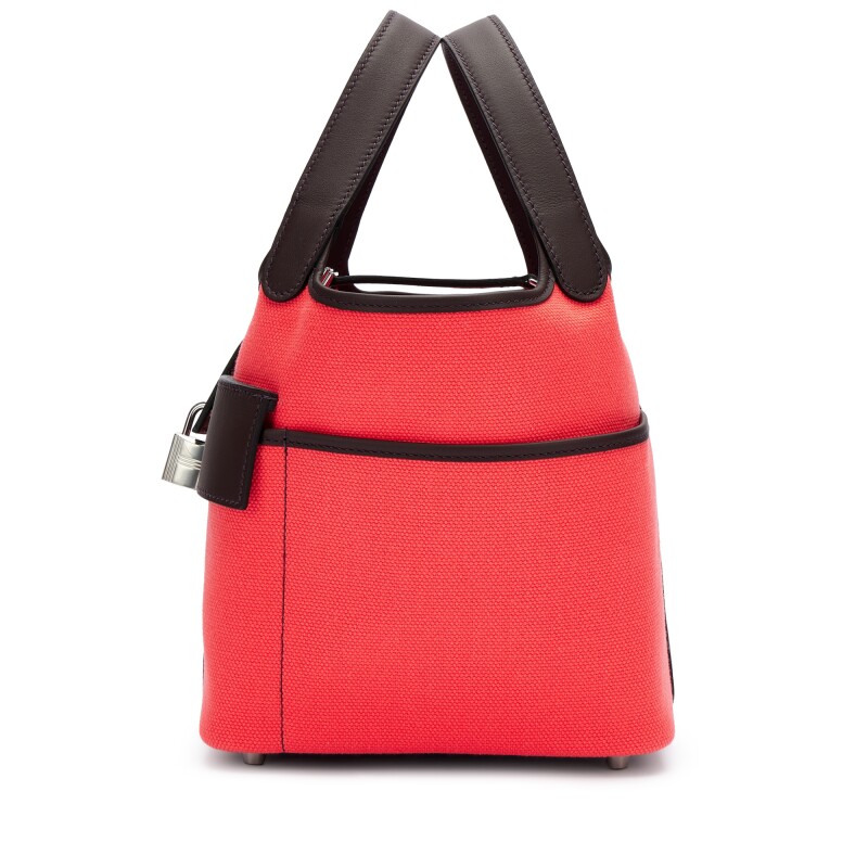Hermès Rouge Sellier Swift and Rose Texas Toile Goeland Cargo Picotin Lock 18 Palladium Hardware