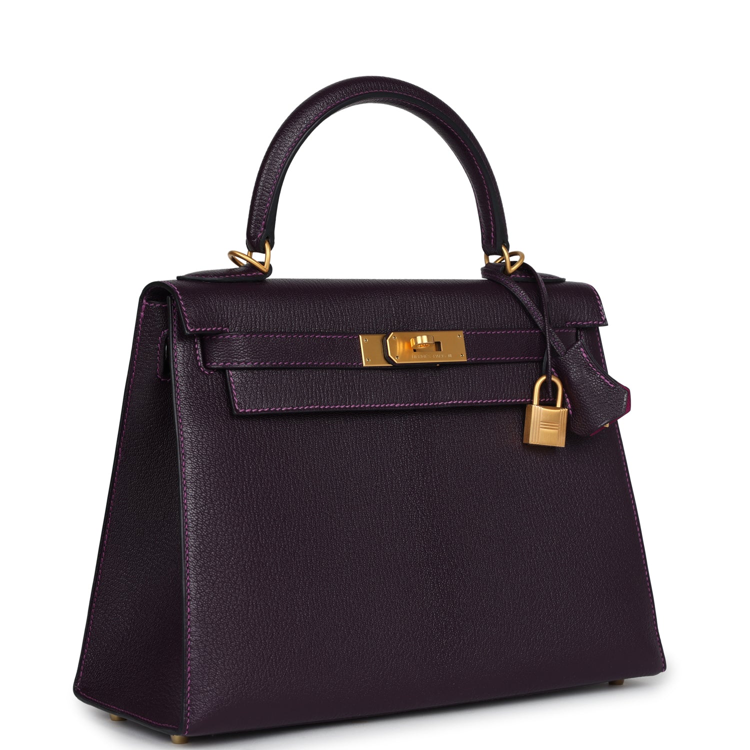 Hermès Special Order (HSS) Kelly Sellier 28 Raisin Verso Chevre Brushed Gold Hardware