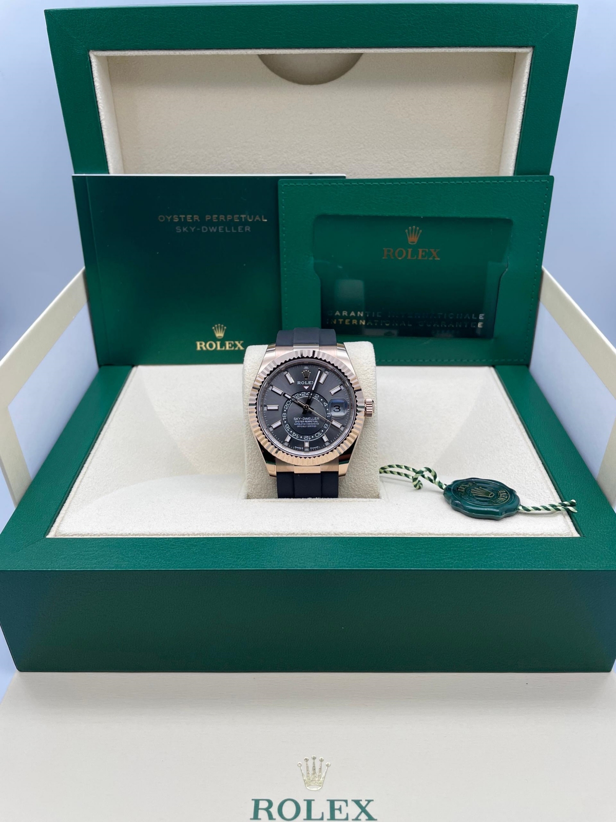 【Super Clone】ROLEX  Sky-Dweller 42mm Rose Gold Slate Dial Oysterflex - 336235
