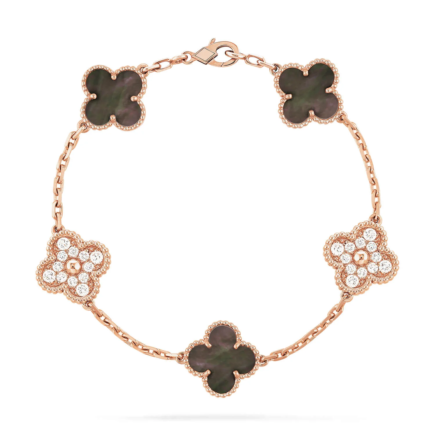 Regalia jewelryCLOVER 5 MOTIFS DARK MOP AND DIAMONDS PINK GOLD BRACELET
