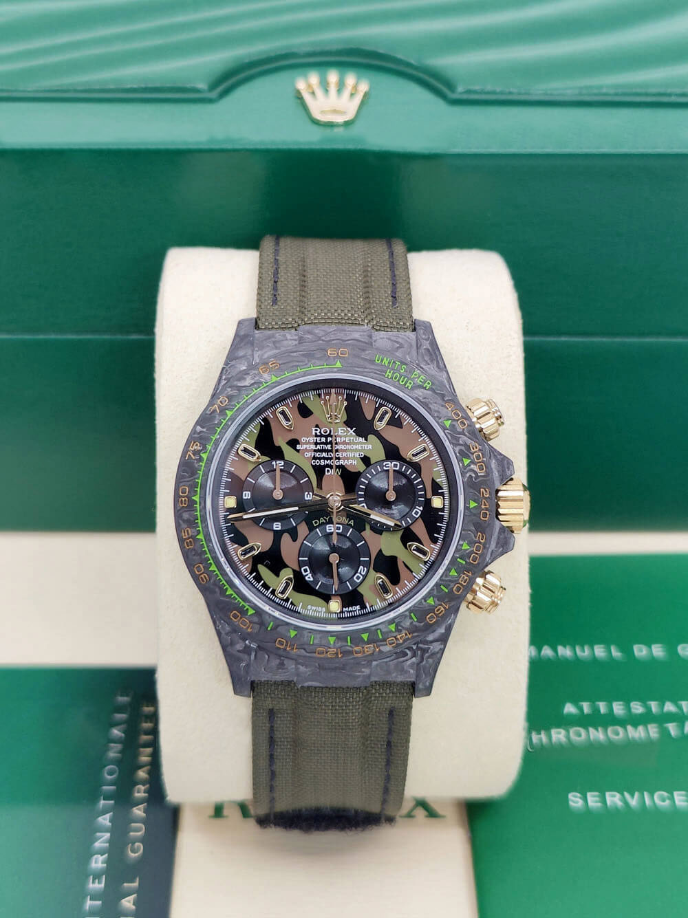 Rolex Cosmograph Daytona DIW Carbon Military Green Super Clone Swiss Replica Watch | Custom Made Limited Edition |