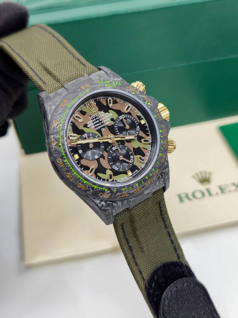 Rolex Cosmograph Daytona DIW Carbon Military Green Super Clone Swiss Replica Watch | Custom Made Limited Edition |