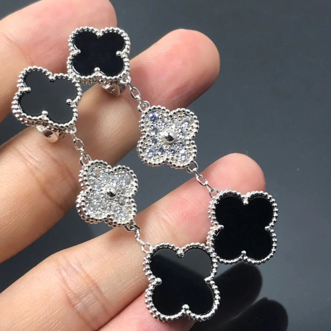 Regalia jewelryCLOVER 3 MOTIF DIAMOND ONYX SILVER EARRINGS