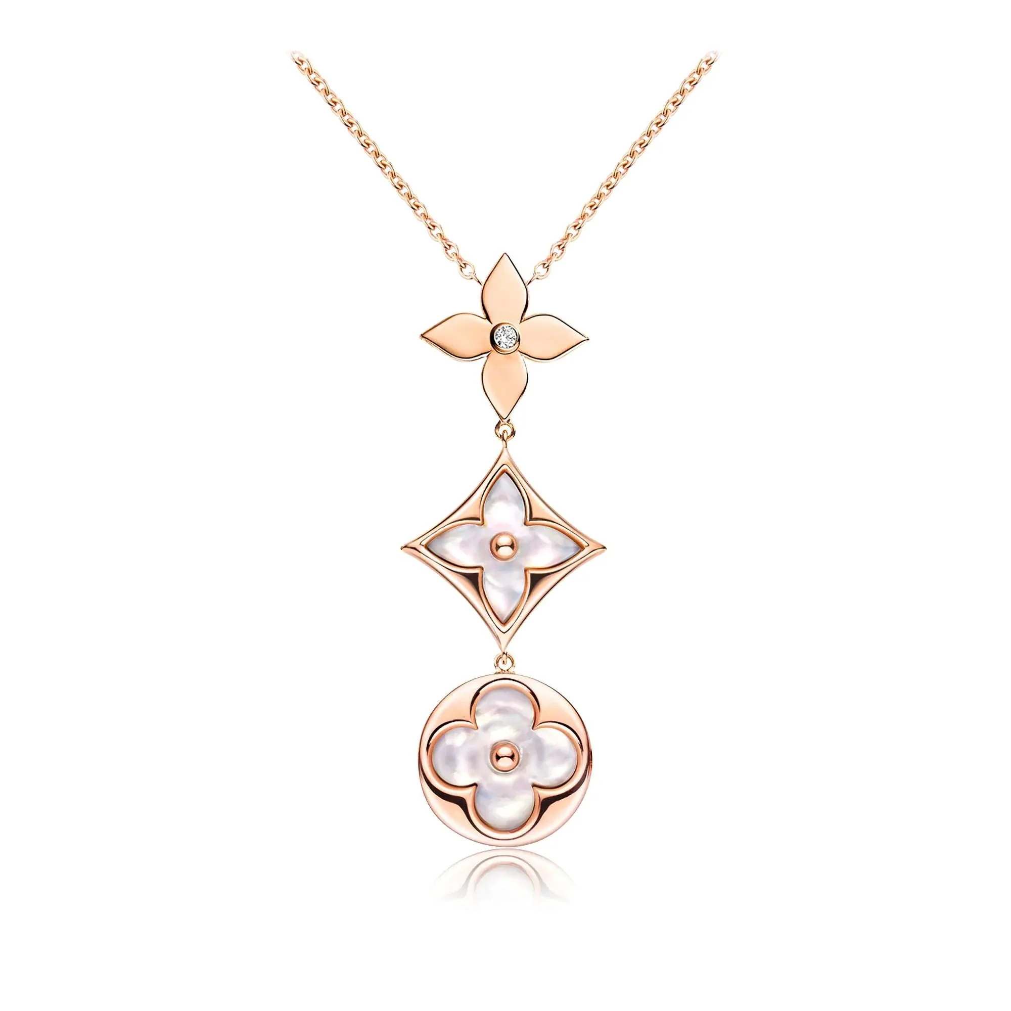 Regalia jewelryCOLOR BLOSSOM LARIAT NECKLACE PINK GOLD WHITE MOTHER PEARL AND DIAMOND