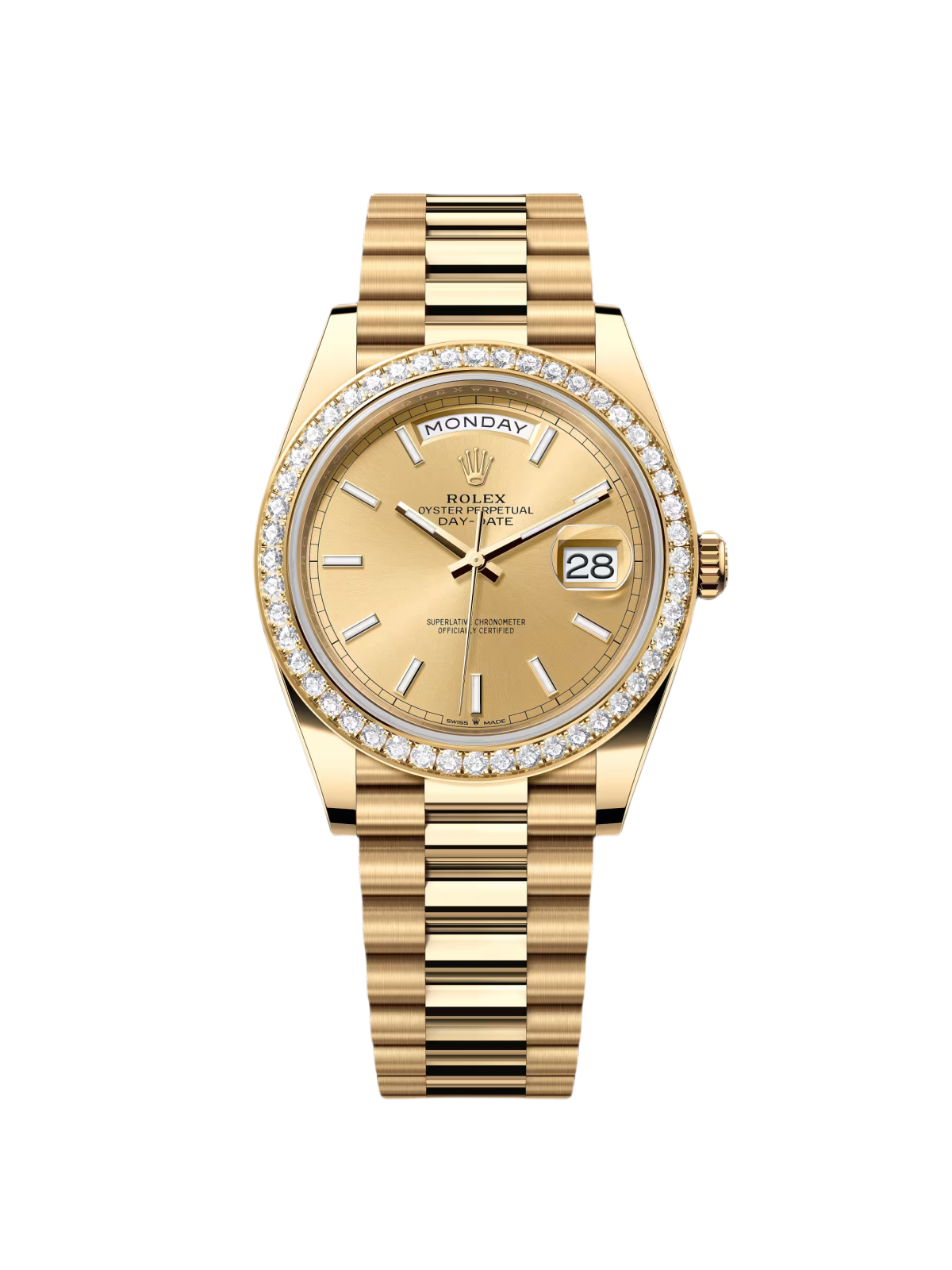 【Super Clone】ROLEX Day-Date 40mm Champaign Dial and Diamond Bezel Yellow Gold President Bracelet 228348RBR-0008