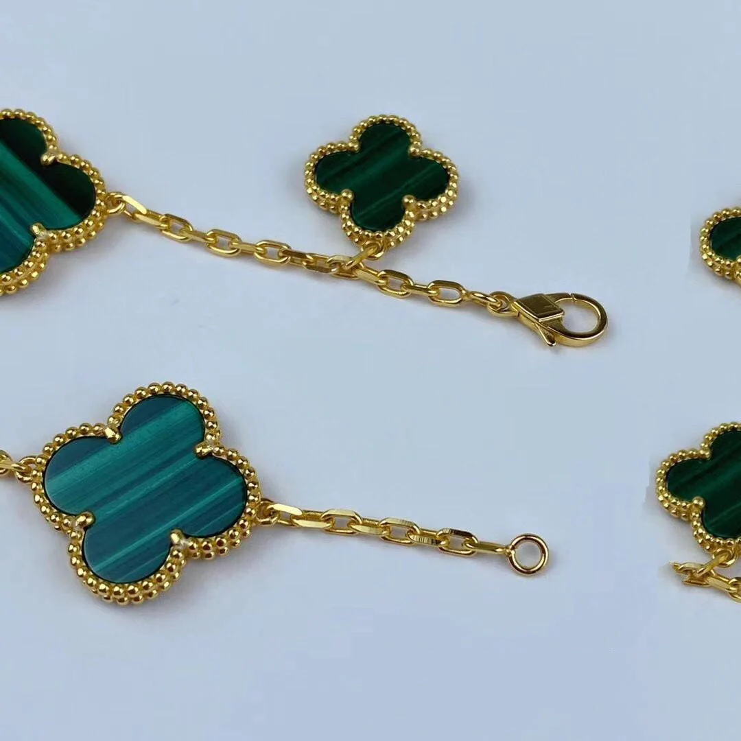 Regalia jewelryMAGIC CLOVER MALACHITE GOLD BRACELET 5 MOTIFS