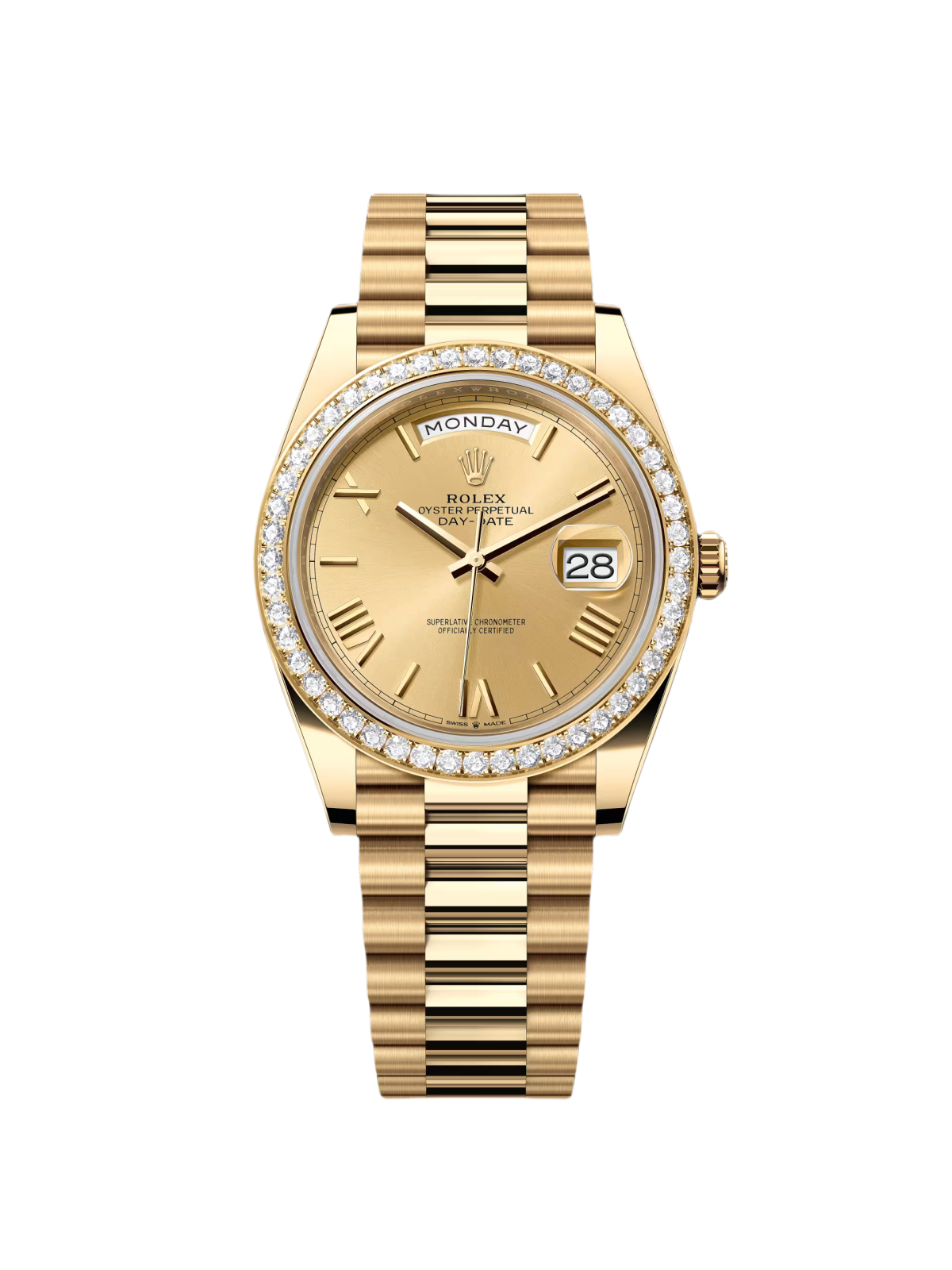 【Super Clone】ROLEX Day-Date 40mm Champagne Dial and Diamond Bezel Yellow Gold President Bracelet  228348RBR-0003