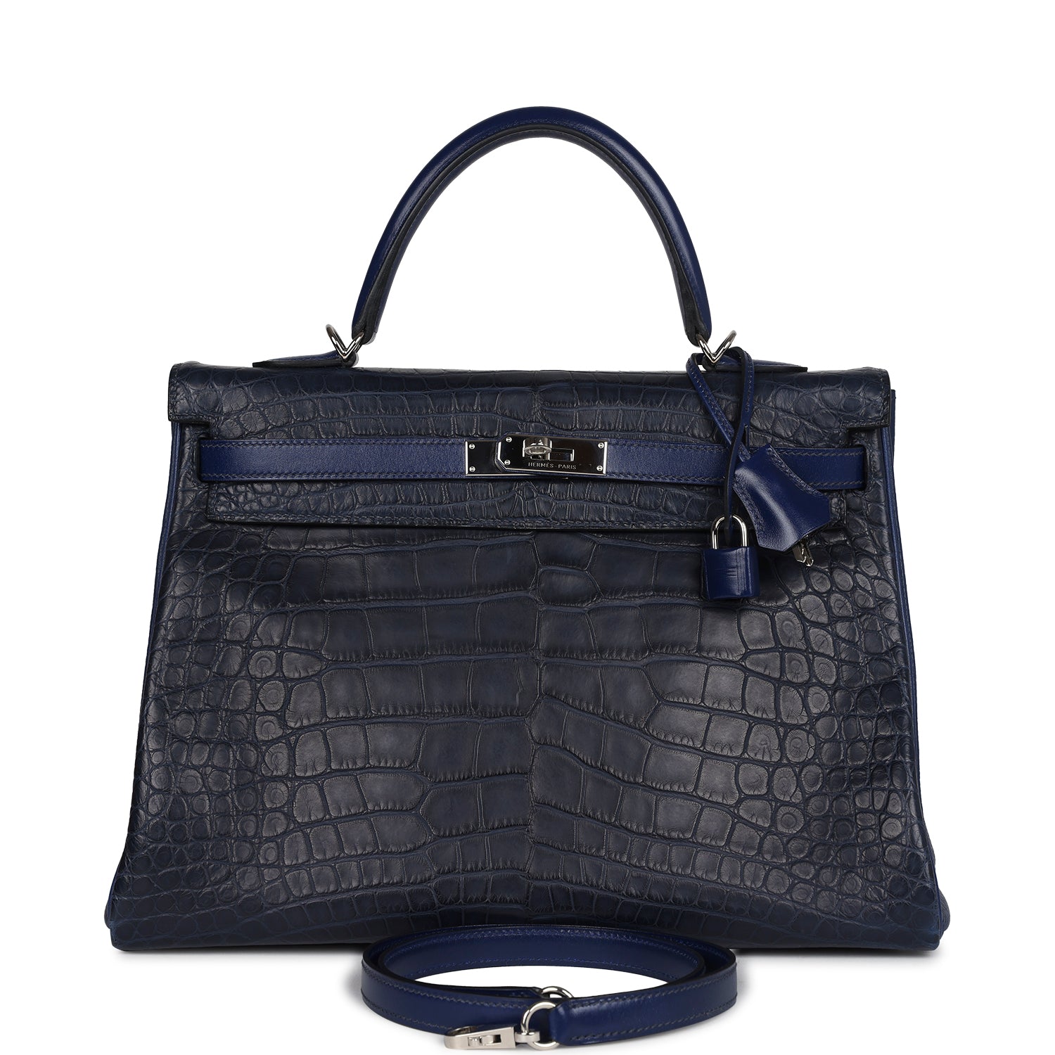 Hermès Kelly Retourne 35 Bleu Indigo Matte Alligator and Bleu Saphir Swift and Clemence Palladium Hardware