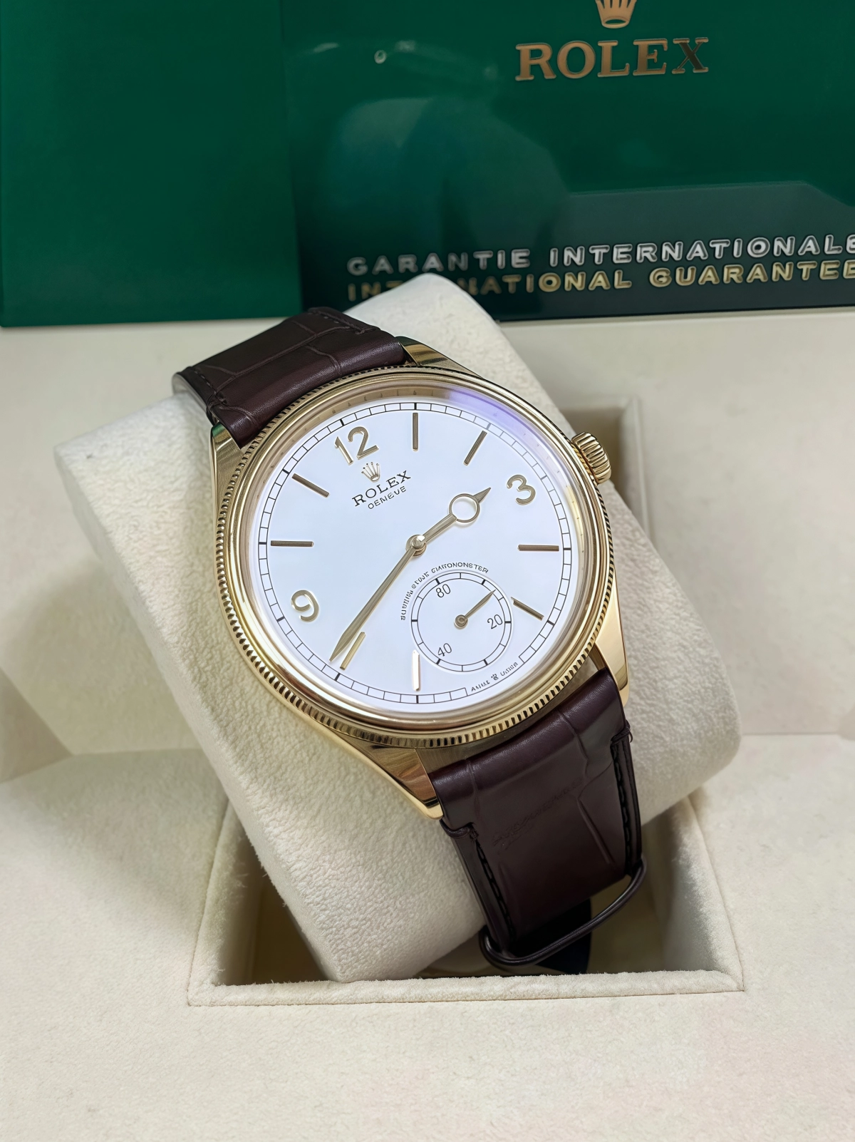 【Super Clone】ROLEX 1908 Yellow Gold White Dial Brown Alligator Strap - 52508-0006