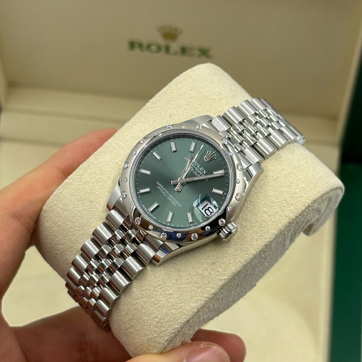 【Super Clone】ROLEX Datejust m278344-0019/0020 Mint Green Dial 31mm Domed Diamond Oyster Watch