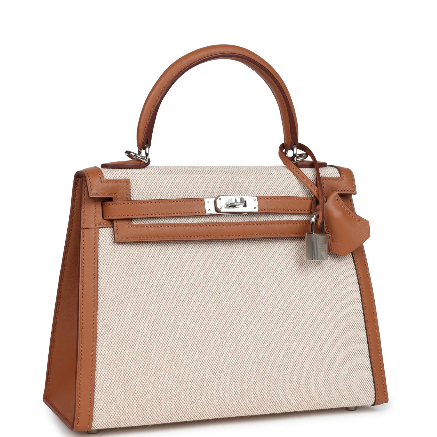 Hermès Kelly Sellier 25 Gold Swift and Ecru Toile Palladium Hardware