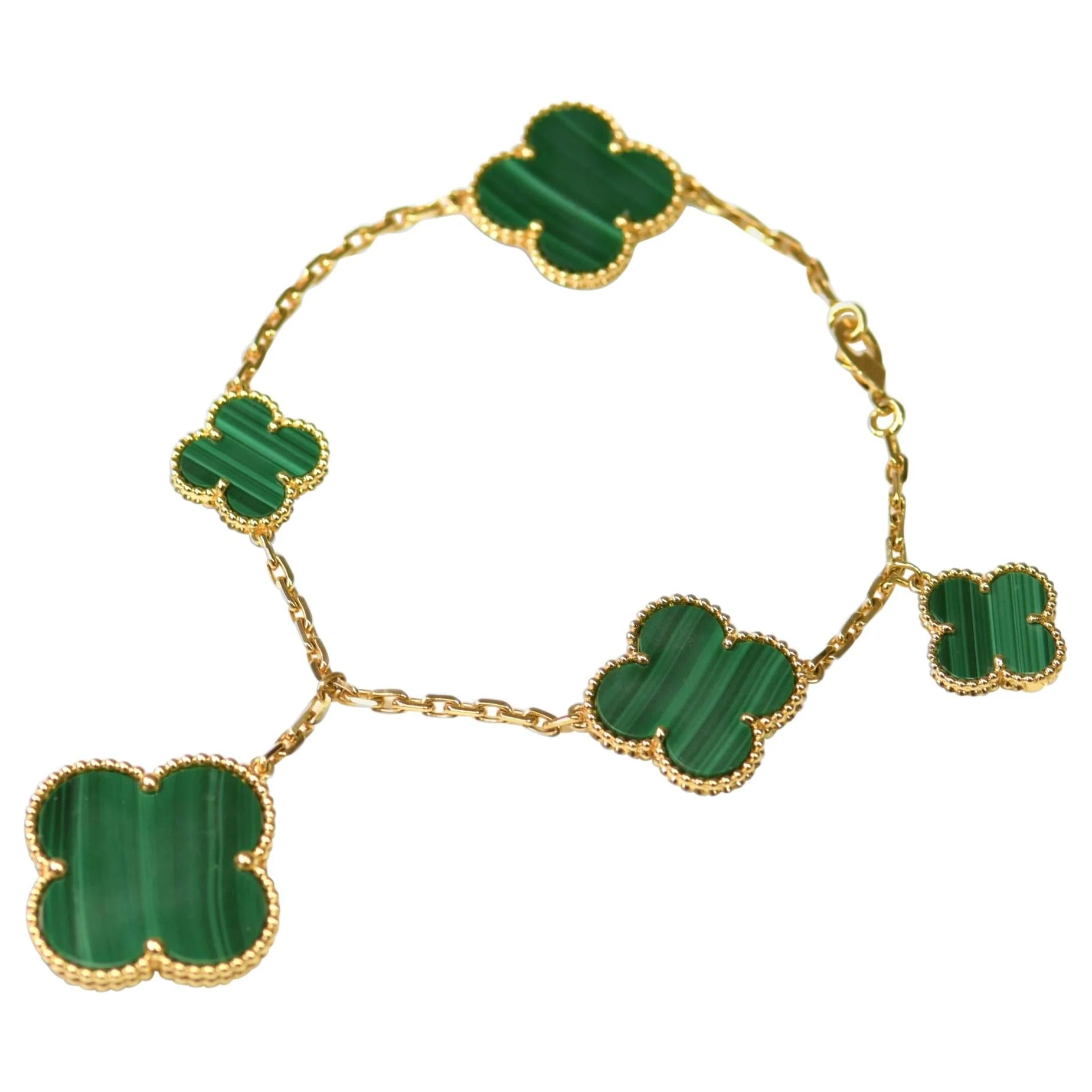 Regalia jewelryMAGIC CLOVER MALACHITE GOLD BRACELET 5 MOTIFS