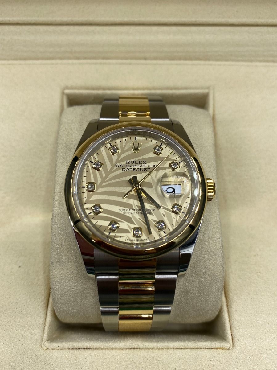 【Super Clone】ROLEX  Datejust 36mm 126203 Golden Palm Dial Domed Bezel Oyster Bracelet