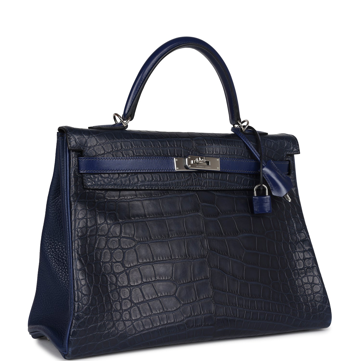Hermès Kelly Retourne 35 Bleu Indigo Matte Alligator and Bleu Saphir Swift and Clemence Palladium Hardware