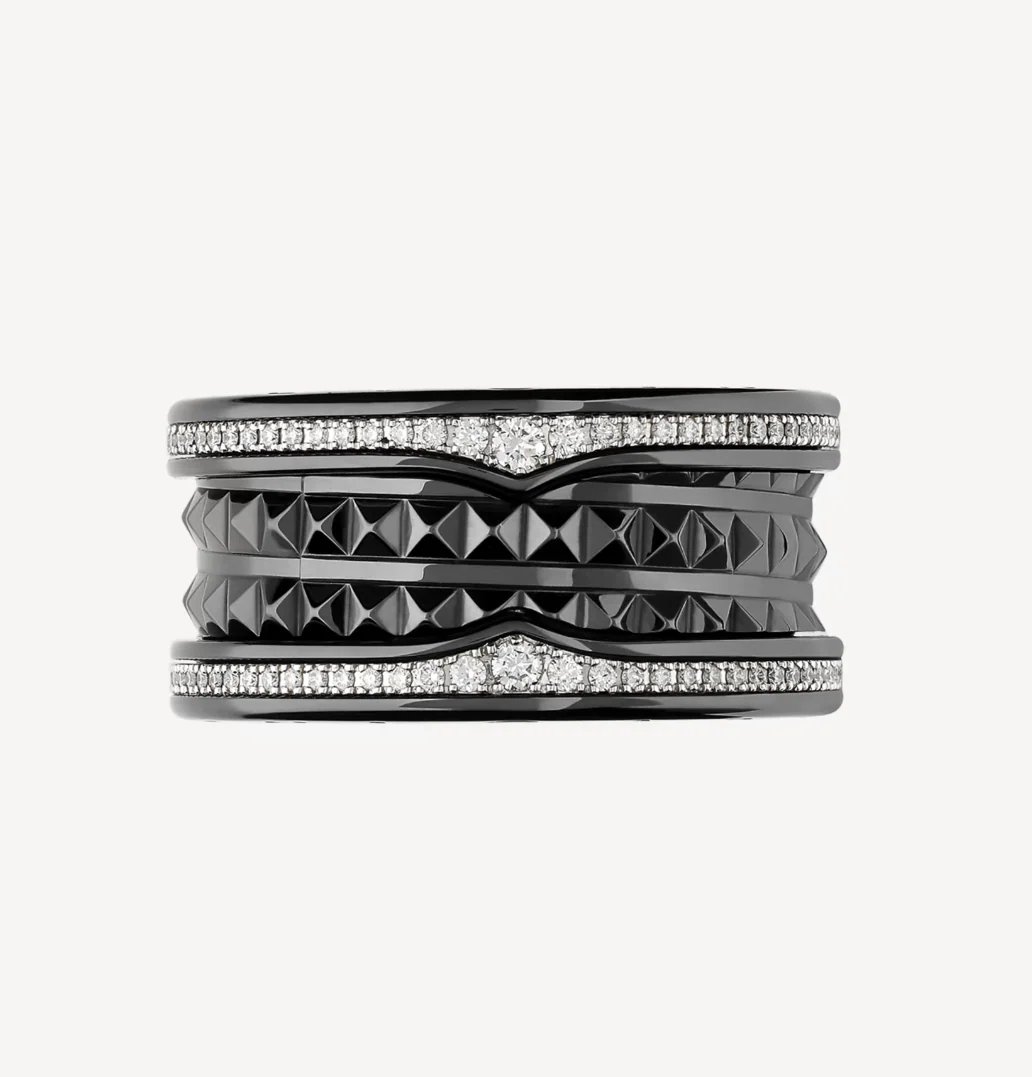 Regalia jewelryZERO 1 ROCK FOUR-BAND BLACK CERAMIC WITH STUDDED SPIRAL AND PAVED DIAMONDS RING