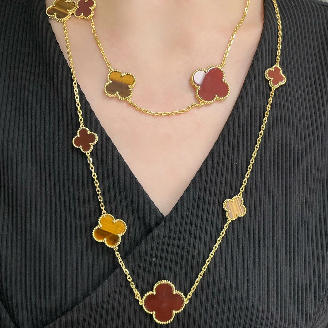 Regalia jewelryCLOVER 16 MOTIF CARNELIAN TIGER EYE ROSE GOLD NECKLACE