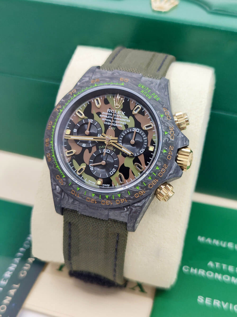 Rolex Cosmograph Daytona DIW Carbon Military Green Super Clone Swiss Replica Watch | Custom Made Limited Edition |