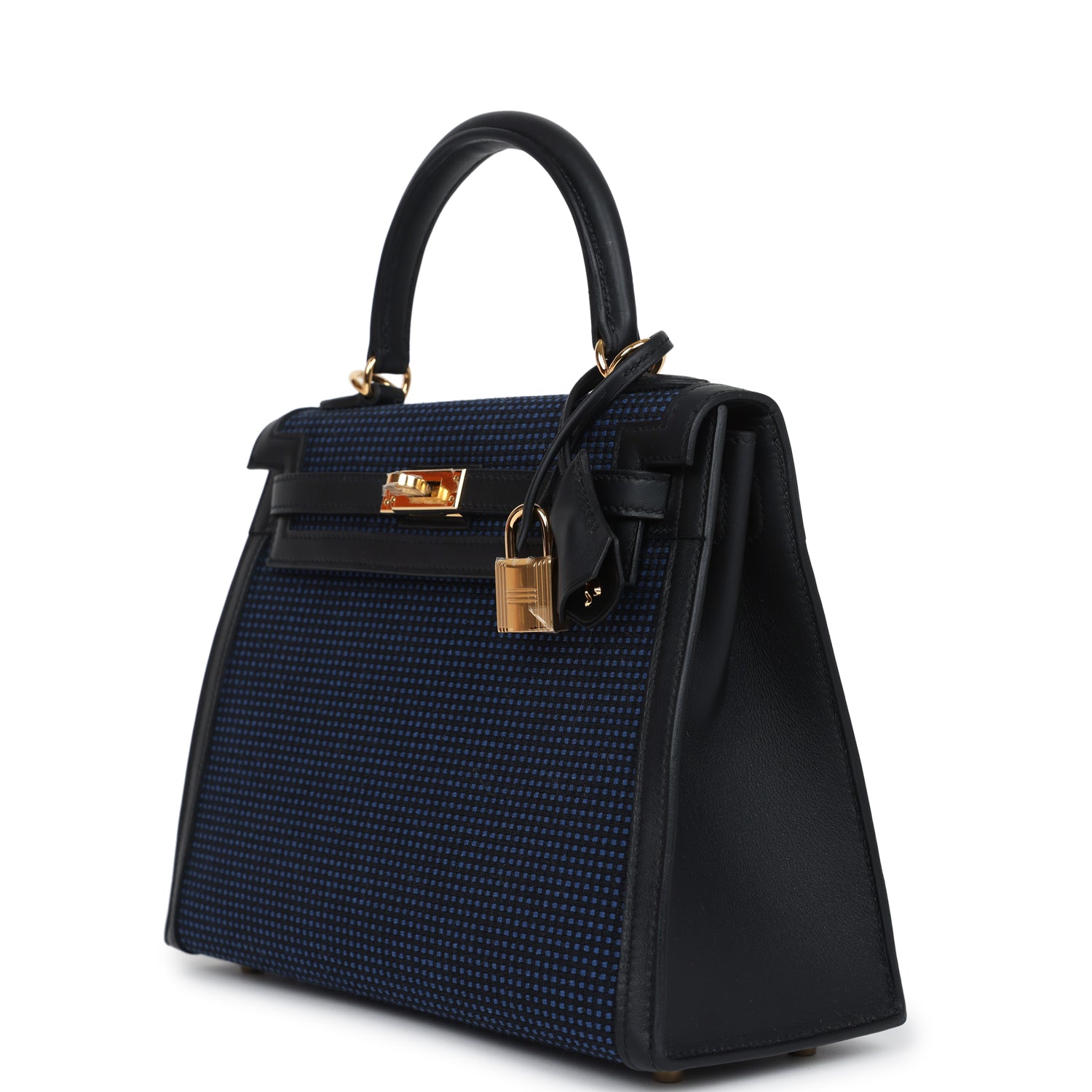 Hermès Kelly Sellier 25 Black Swift and Bleu Saphir Toile Gold Hardware