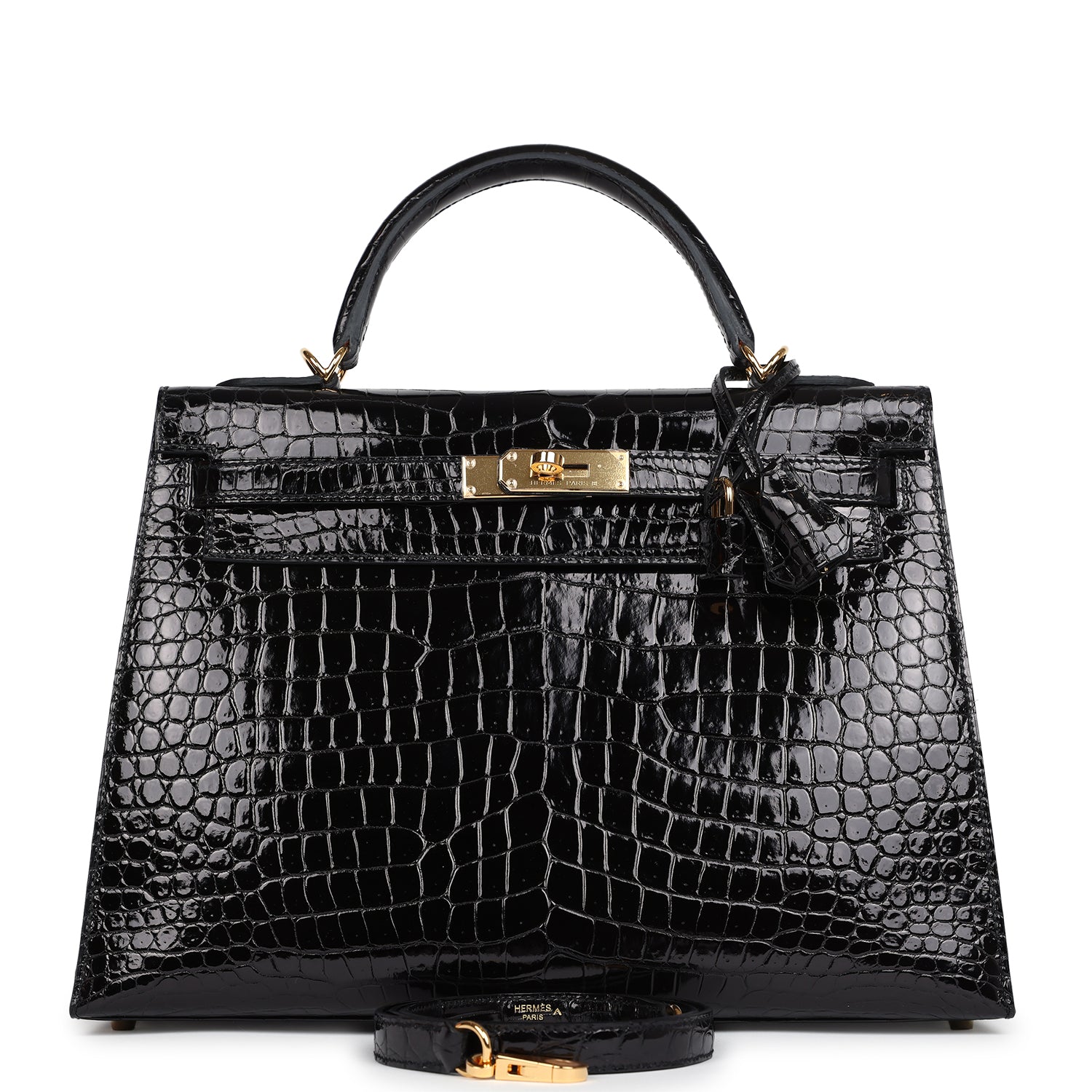 Hermès Kelly Sellier 32 Black Shiny Porosus Crocodile Gold Hardware