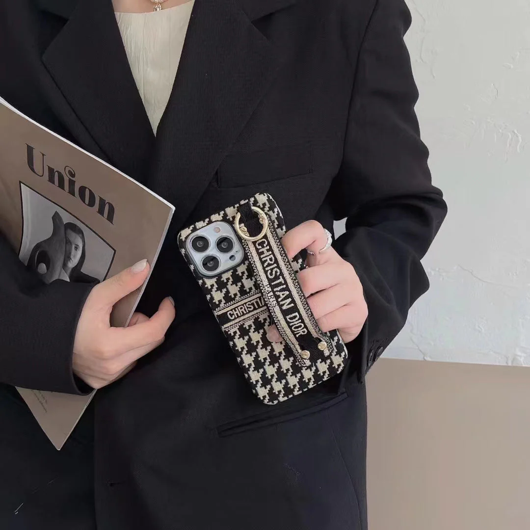 Luxury Textile CD Phone Case With Wrist Strap for iPhone