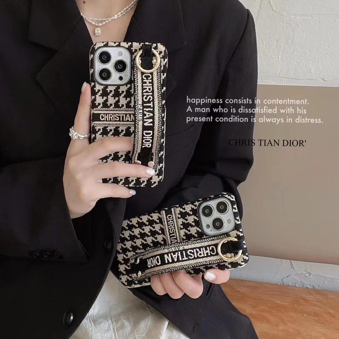 Luxury Textile CD Phone Case With Wrist Strap for iPhone