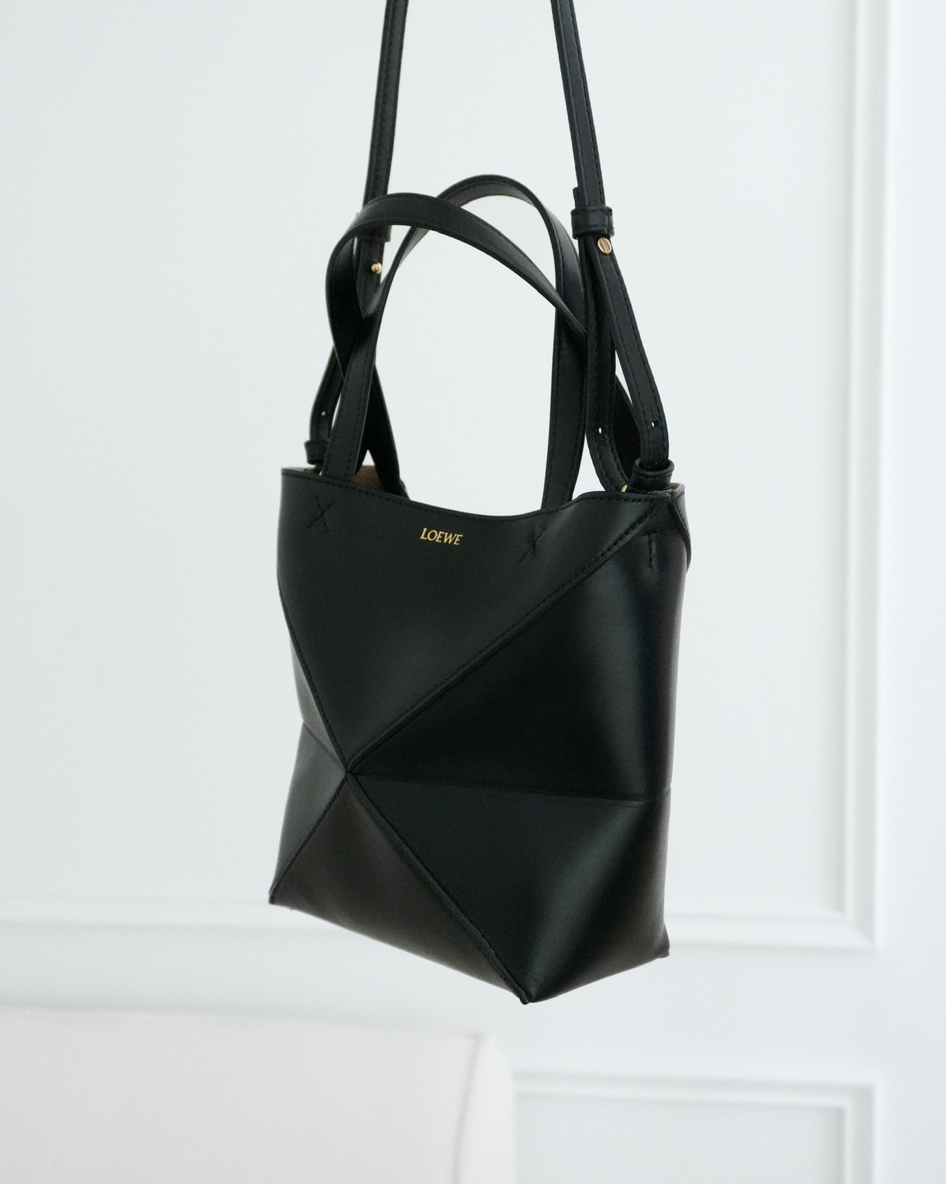 Loewe Mini Puzzle Fold Tote in Shiny Calfskin Black