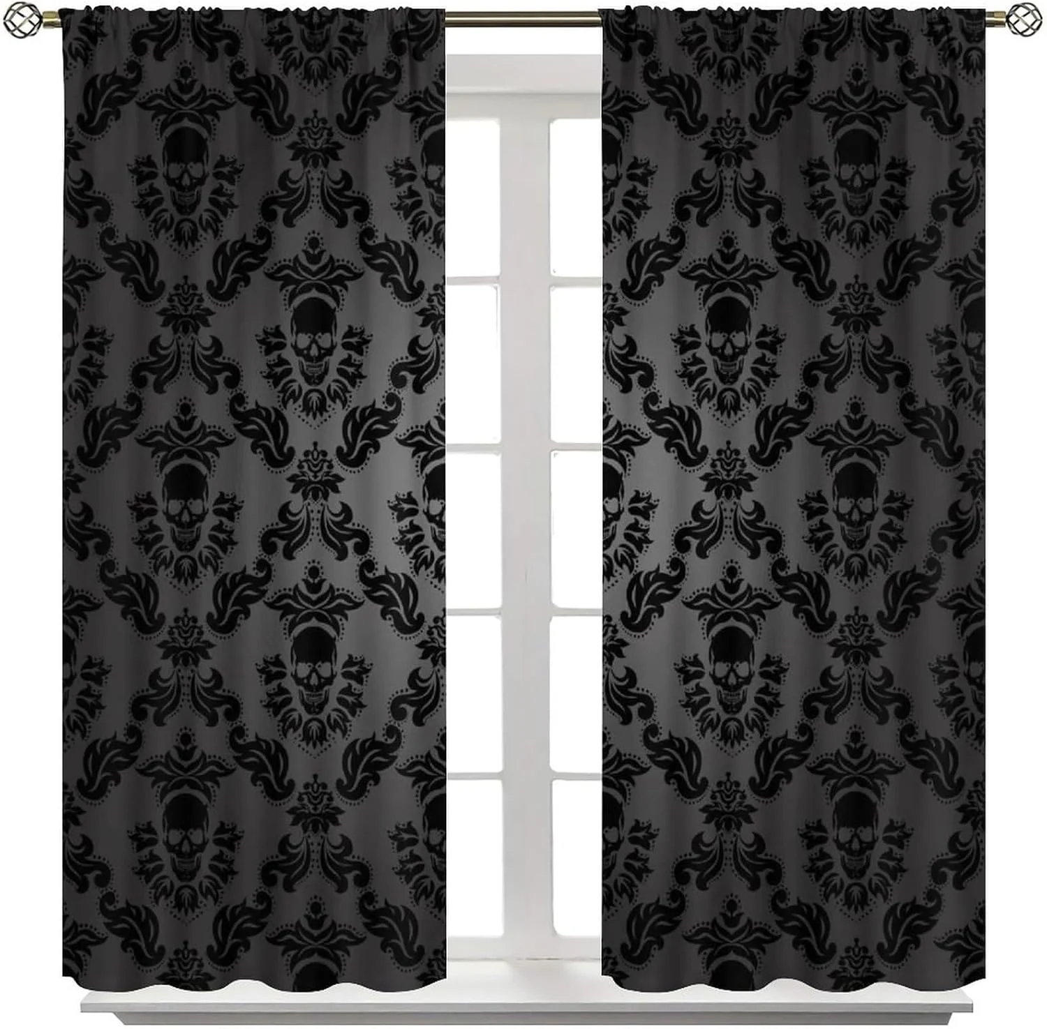 Black Gothic Curtains for Kitchen,Damask Floral Vintage Antique Baroque Classical Medallion Pattern Retro Goth Print for Bedroom Living Room 42x45in��No Blackout��