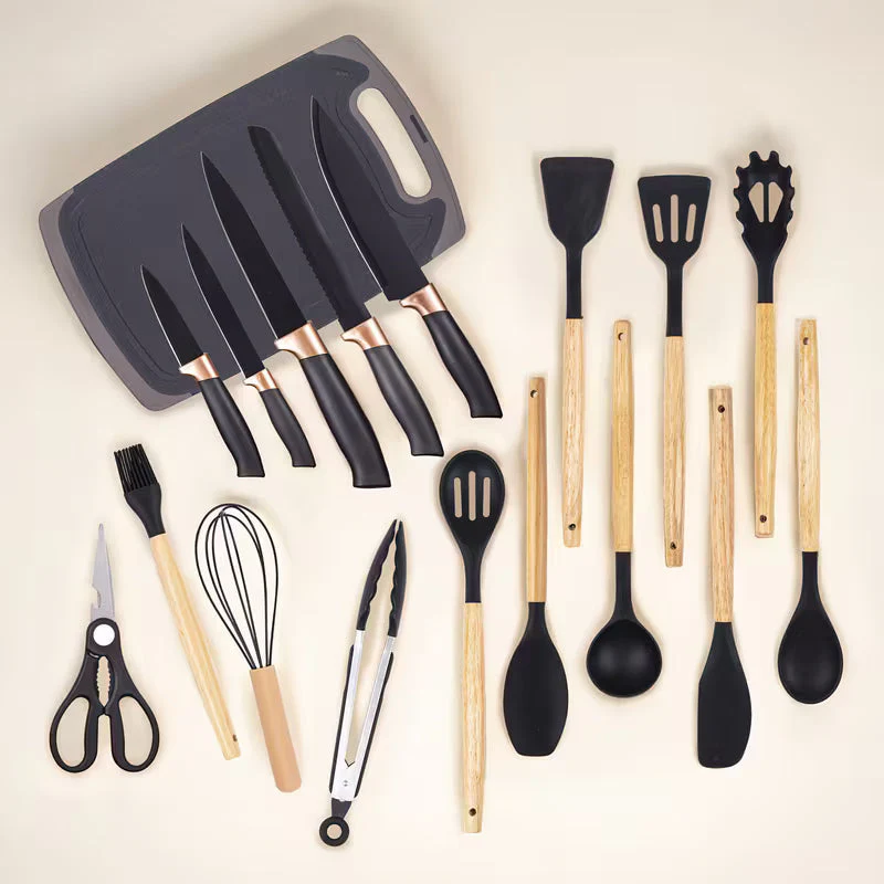 Kitchen Knife Set | 19pcs Premium Silicone Kitchen Utensil & Knife Set - Heat-Resistant, Non-Stick Safe Cooking Tools With Wooden Handles & Chef Knives - Includes Storage Stand | Perfect Gift For Christmas Day, Halloween, Suitable For Home Dormitory