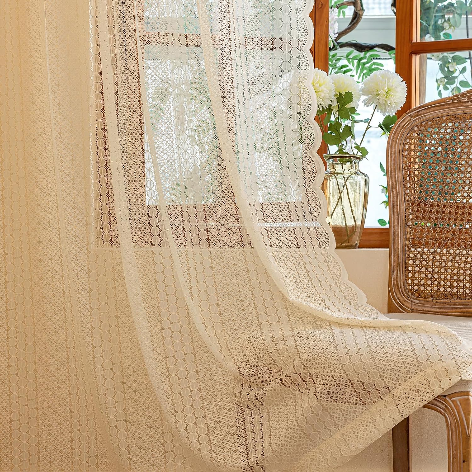 2 Panels Boho Vintage Lace Semi Sheer Curtain Farmhouse Voile Curtains for Living Room Bedroom Window Treatment Beige 55 x 84 Inch