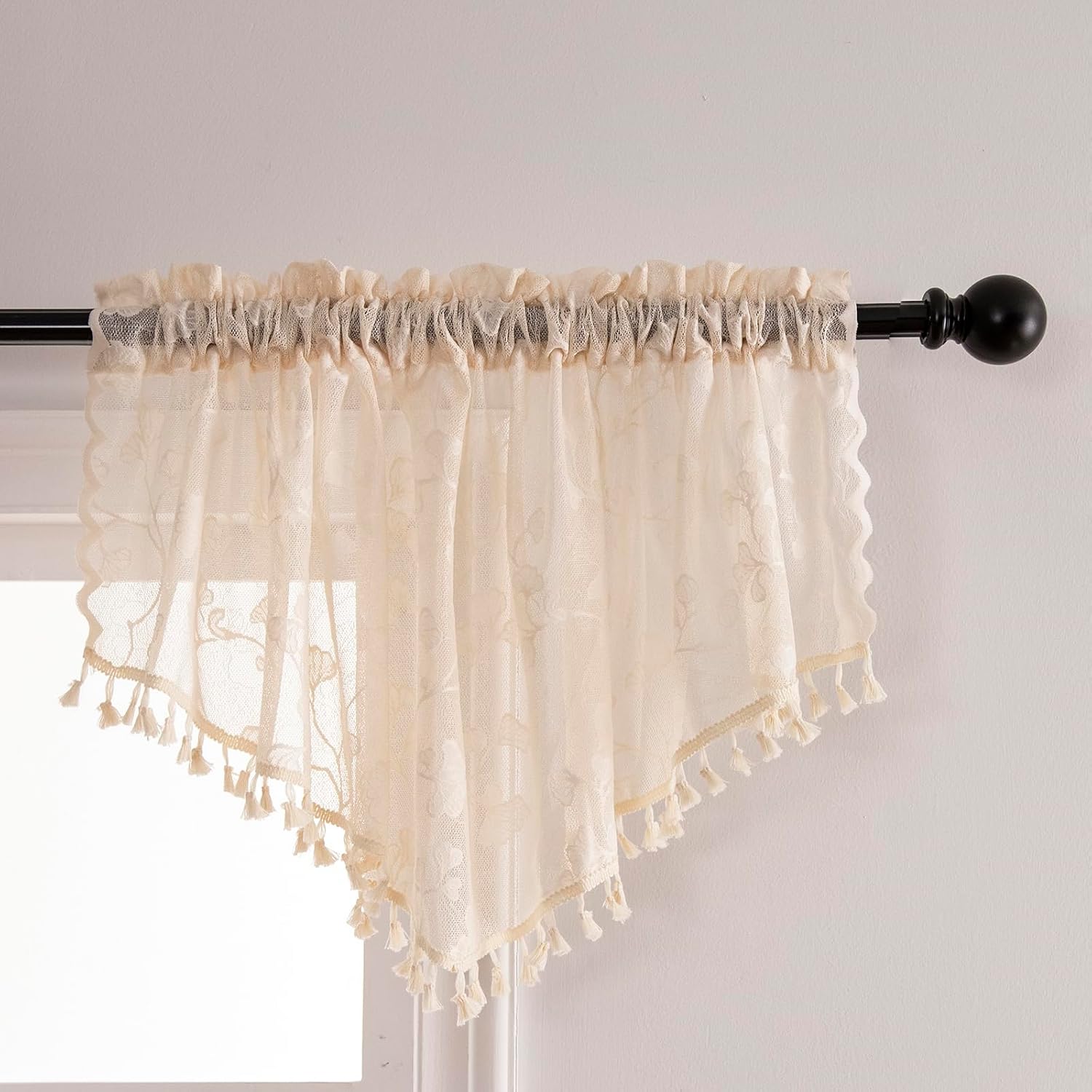 3 Pieces Beige Lace Triangle Sheer Valance Curtains with Tassels, Leaf Embroidered Rod Pocket Farmhouse Window Valance, Voile Sheer Curtain Valance for Bedroom Bathroom Cafe(Beige,55