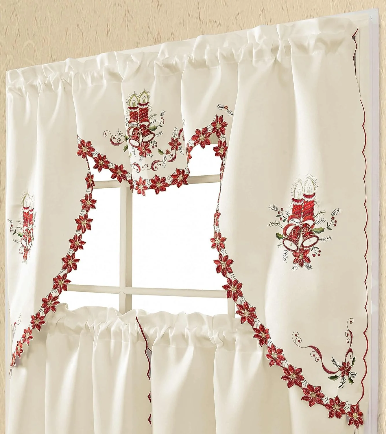 3pcs Multi-Color Embroidery Kitchen Curtains for Windows with cutworks, Swag Valance and Tiers Set,Multi-Color Kitchen Cafe Curtain Set��Beige�� (Beige)