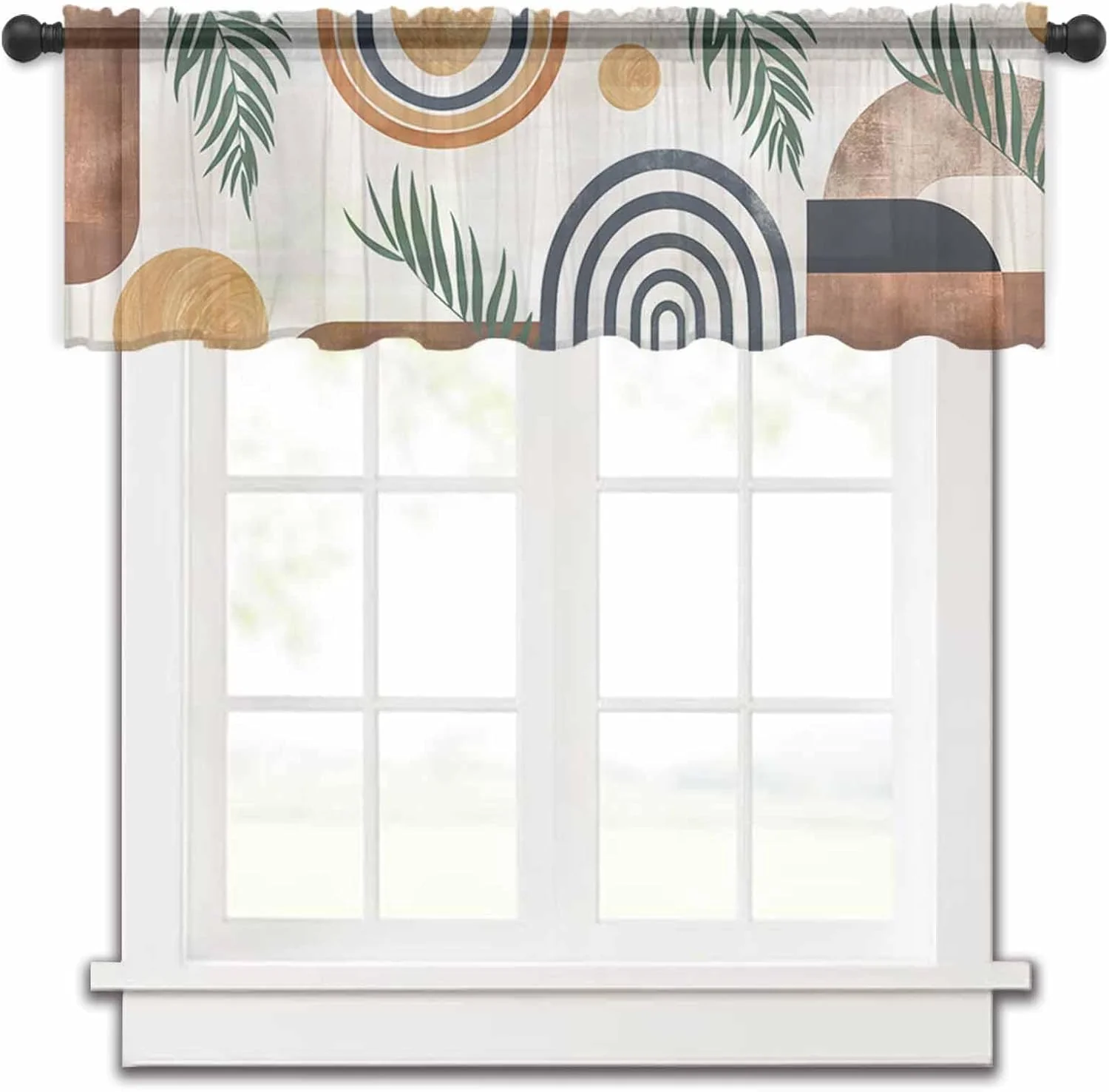 Abstract Boho Sheer Valance Curtains 12 Inch Length for Kitchen/Living Room/Bathroom/Bedroom Window,Bohemian Palm Leaf Geometric Leaf Circle Rod Pocket Small Half Short Window Sheer Curtains,42