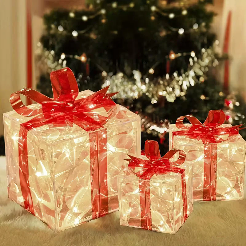 Set of 3 Christmas Lighted Gift Boxes, Transparent Warm White Lighted Christmas Box Decrations, Presents Boxs with Red Bows for Christams Tree, Yard, Home, Christams Decorations outdoor, Seasonal Ornaments, Holiday Decorations, Classic Christmas
