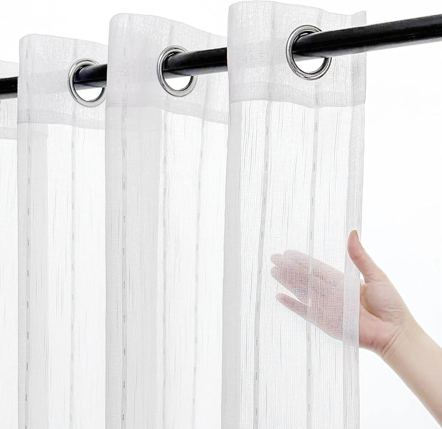 Creamy White Semi Sheer Curtains 52 x 84 Inches Long 2 Panels, Striped Sheer Curtains for Living Room Bedroom, Textured Voile Sheer Boho Light Filtering Farmhouse Grommet Curtain