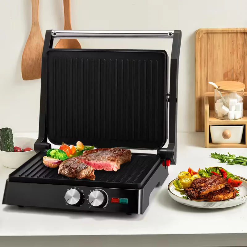 in-1 Electric Indoor Grill & Panini Press with Non-Stick Plates, 180�� Opening Angle, Floating Hinge & Grease Tray - 304 Stainless Steel Sandwich Maker with Preheat Indicator Light, Compact Design for Burgers, Steaks, Chicken - All-in-One Appliance