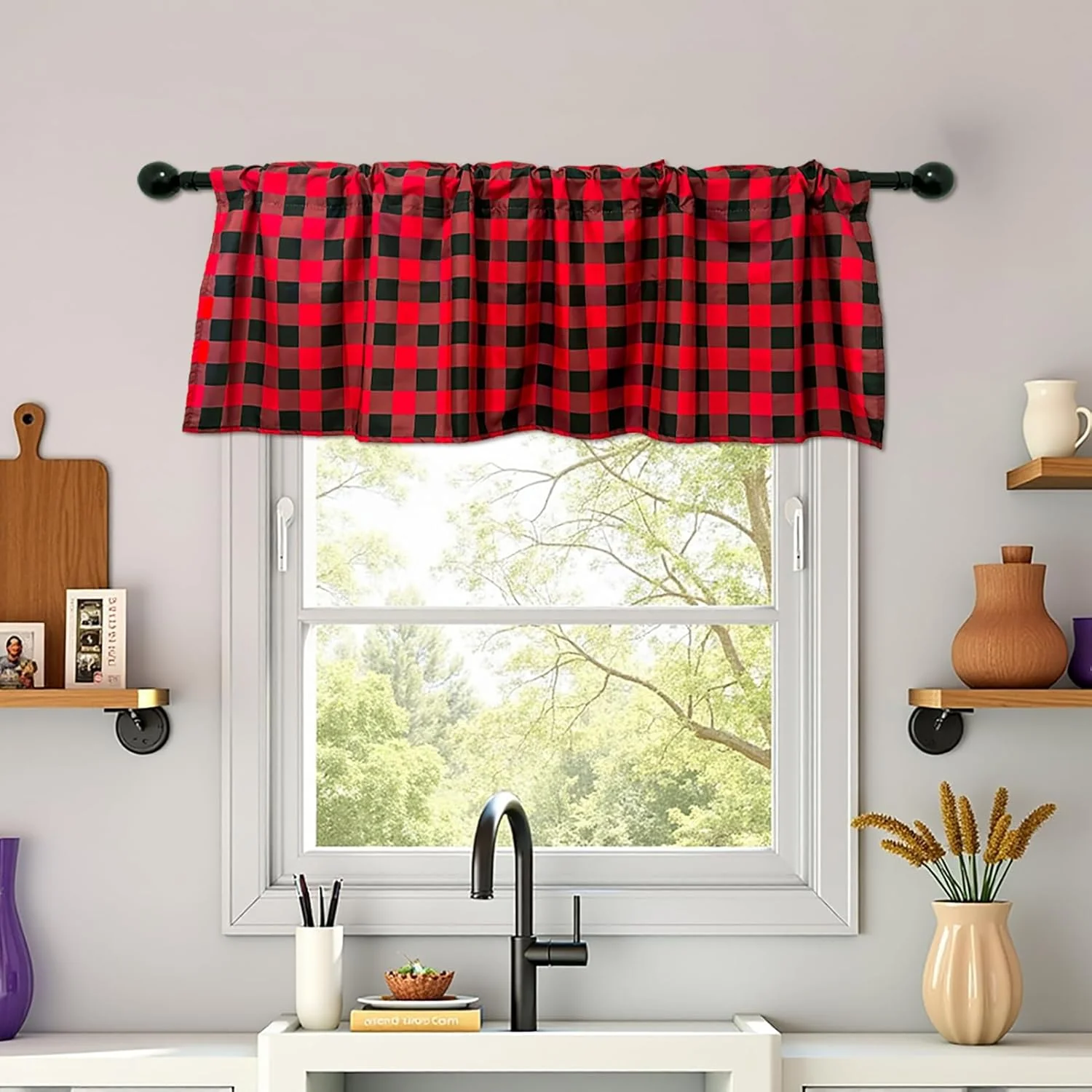 2 Pack Checkered Window Valances Red and Black Buffalo Check Plaid Rod Pocket Valance Curtains for Living Room Bedroom Kitchen Farmhouse Window Treatment 54 x 18 Inches