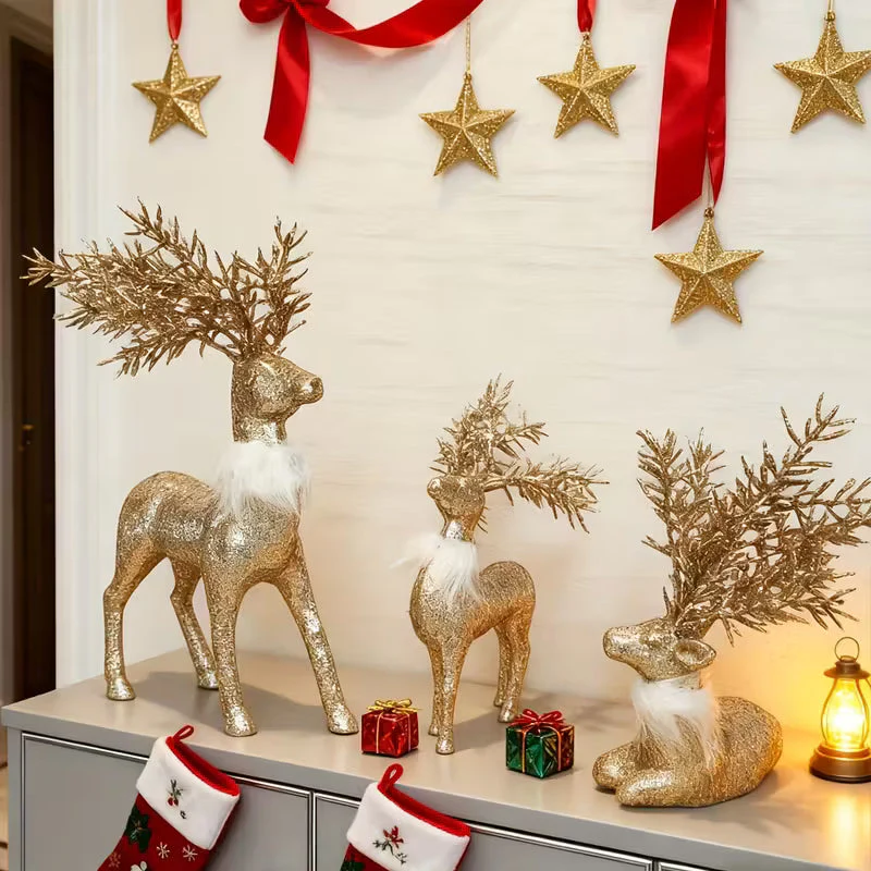 3pcs Golden Christmas Reindeer Statue Ornaments, Holiday Decor with Antler Shaped Branches for Tabletop Display - Perfect Gift Box Filler and Shelf or Mantelpiece Accent, Festive Decorations, Decorative Ornaments