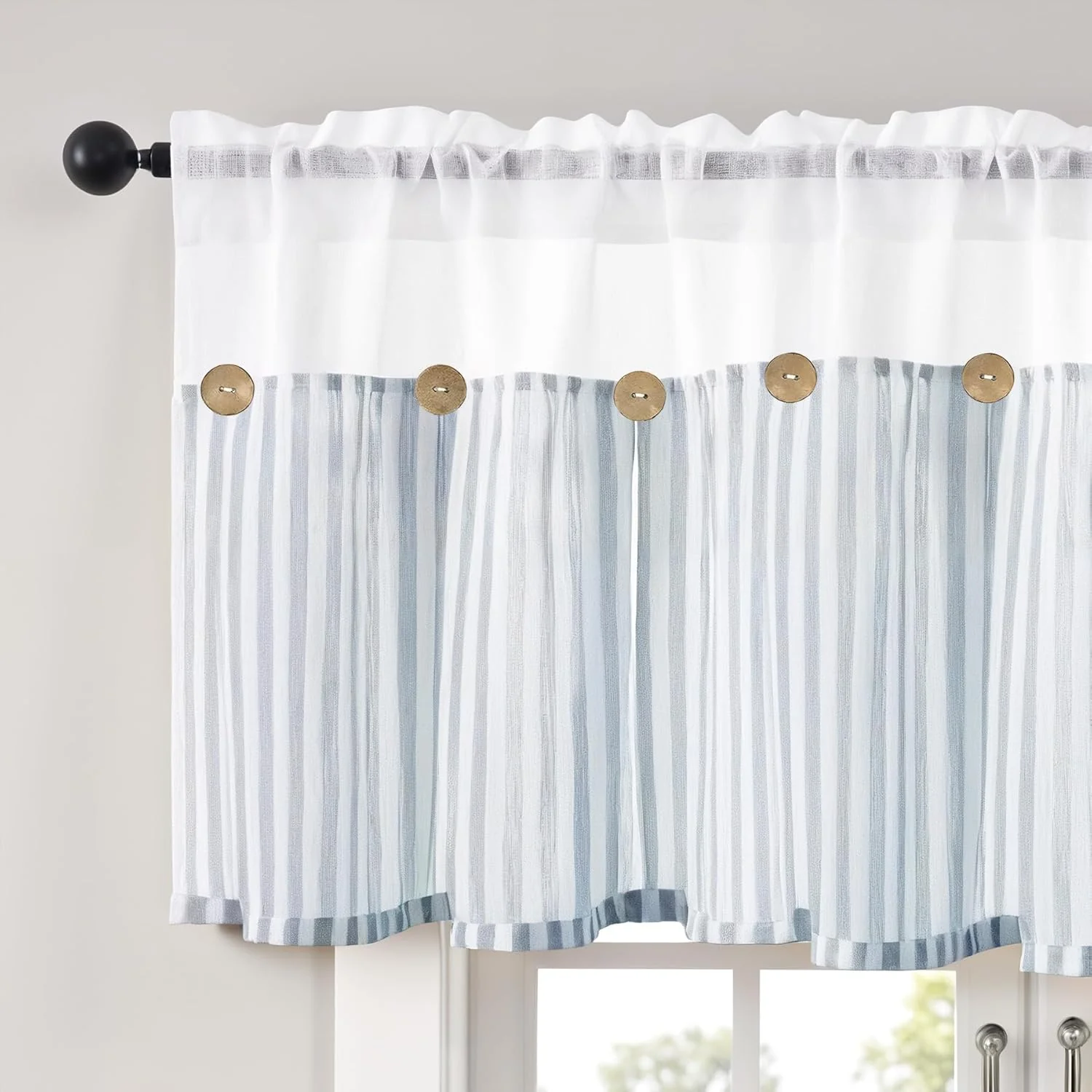 26 x 24 Inch 2PCS Blue Cotton Linen Kitchen Valance Curtains, Boho Rustic Button Valances for Windows Farmhouse Style, Stripe Valance Window Treatments Tiers, Window Valances for Bathroom Cafe